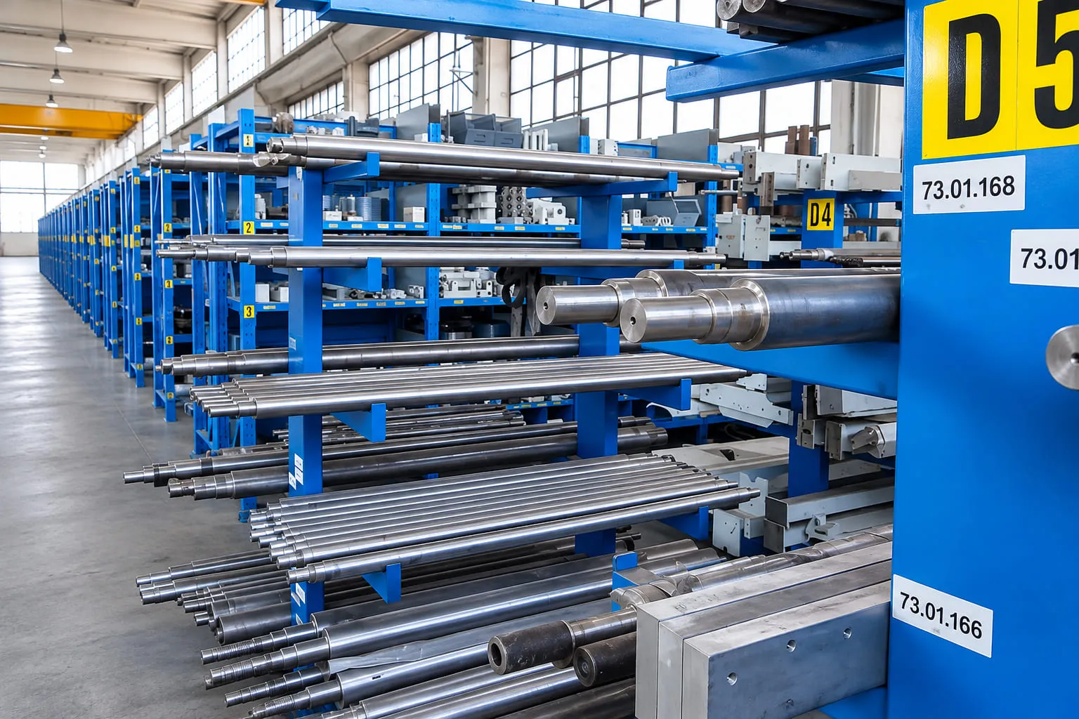 Shafts, rollers and mechanical components on the racks in the TMS warehouse