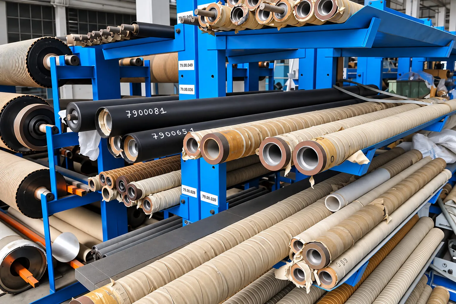 Covered and spare rollers in stock, each identified by part number
