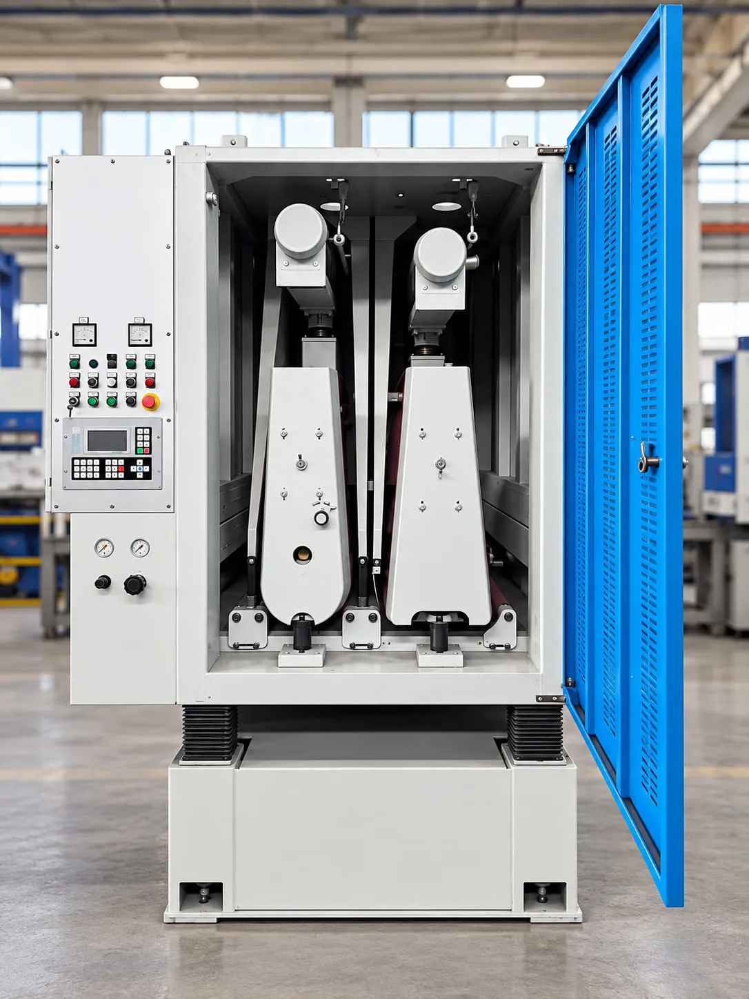 The same sanding machine with the doors open, showing the sanding units