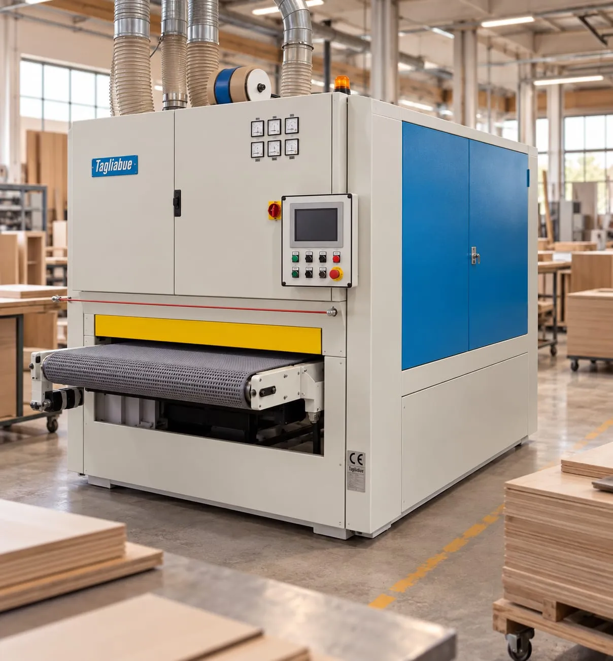 Tagliabue calibrating machine in a joinery, surrounded by panels being processed