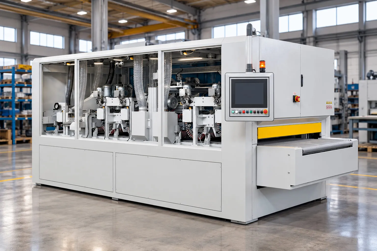 Tagliabue sanding machine with the guards open, showing the sanding units